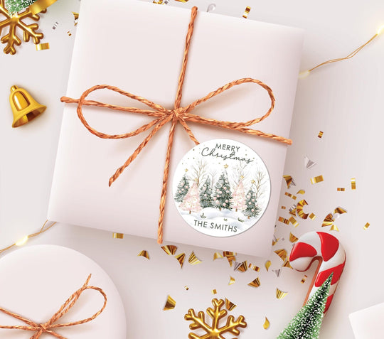 Pink Christmas Tree Stickers, Personalized Merry Christmas Labels, Happy Holiday Gift Label, Christmas Favor Stickers