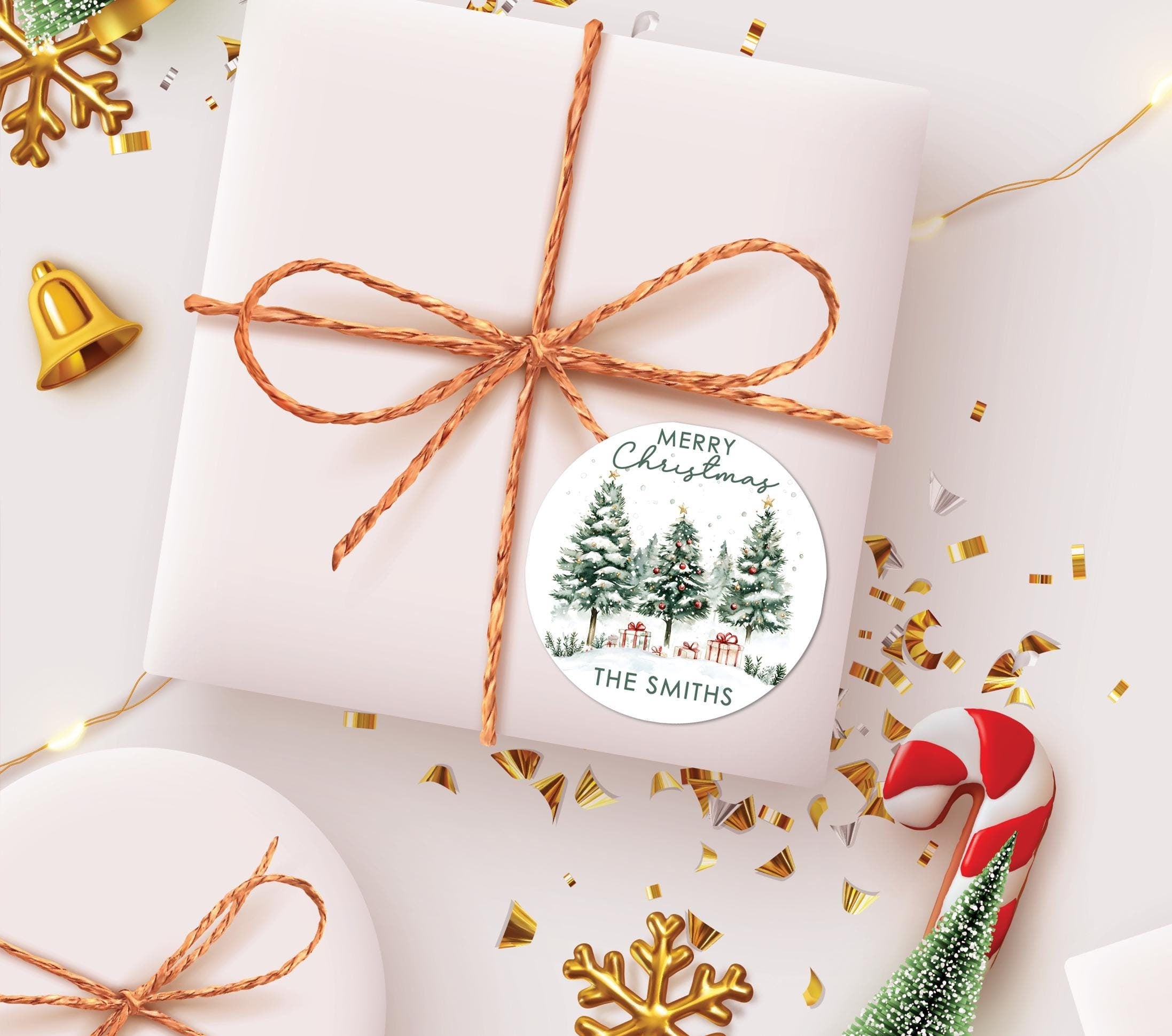 Winter Wonderland Christmas Trees Stickers, Personalized Merry Christmas Labels, Happy Holiday Gift Label, Christmas Favor Stickers
