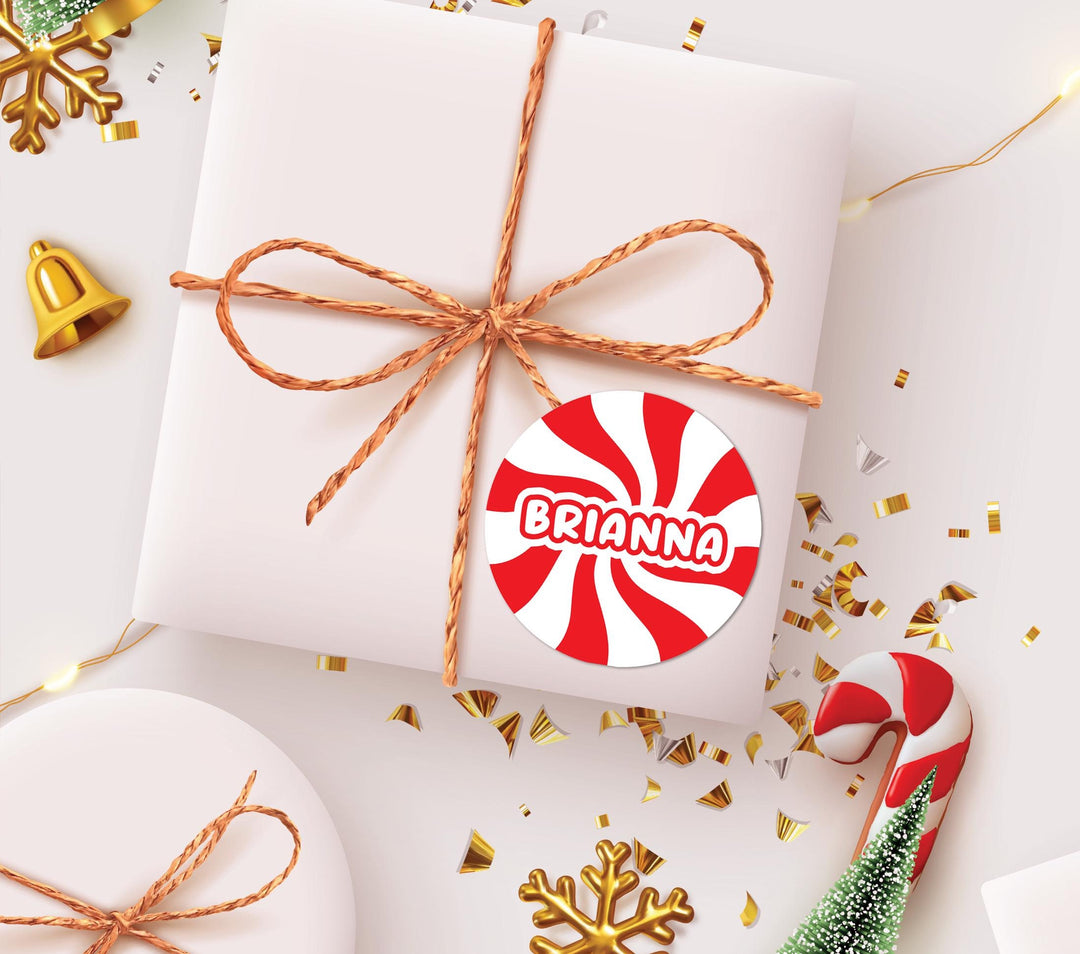 Christmas Stickers Red Peppermint Candy Labels, Personalized Merry Christmas Labels, Happy Holiday Gift Label, Christmas Favor Stickers