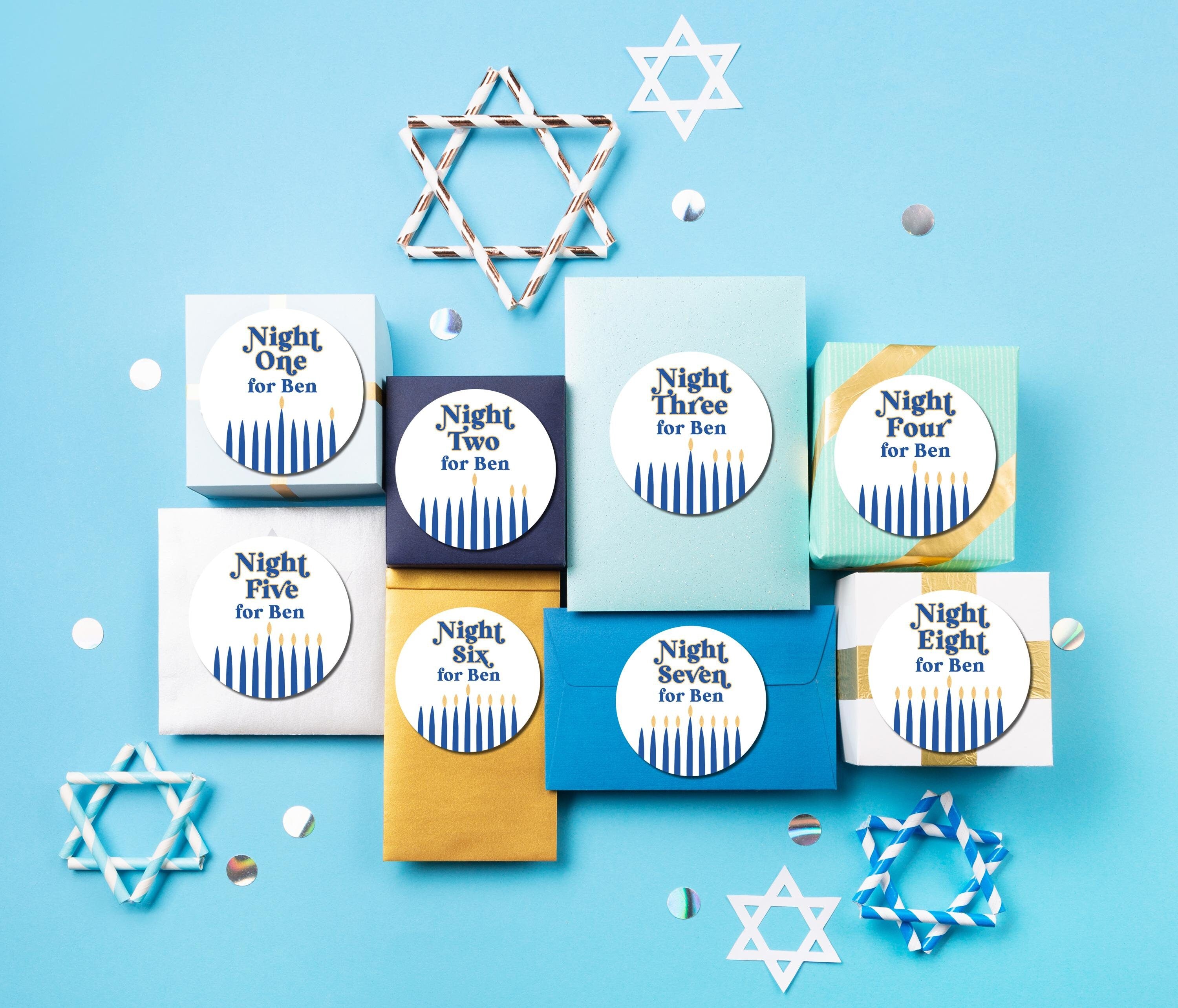 Hanukkah Stickers - 8 Nights of Hanukkah Gift Labels, Chanukah Stickers, Festive Hanukah Gift Wrap Supplies, Hanukah Party Favors