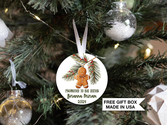 Personalized Promoted to Big Sister Christmas Ornament, Gingerbread Ornament, Sibling Announcement New Sister, Newborn Gift for Parents