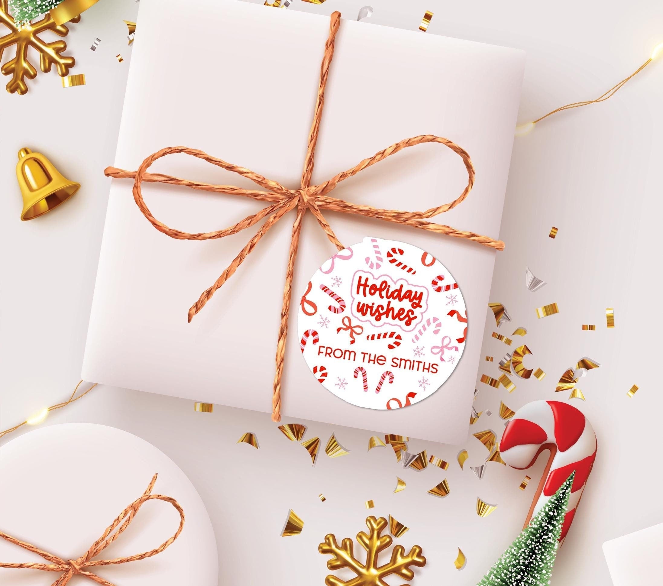 Christmas Stickers Candy Cane Red Bows Labels, Personalized Holiday Wishes Labels, Happy Holiday Gift Label, Christmas Favor Stickers