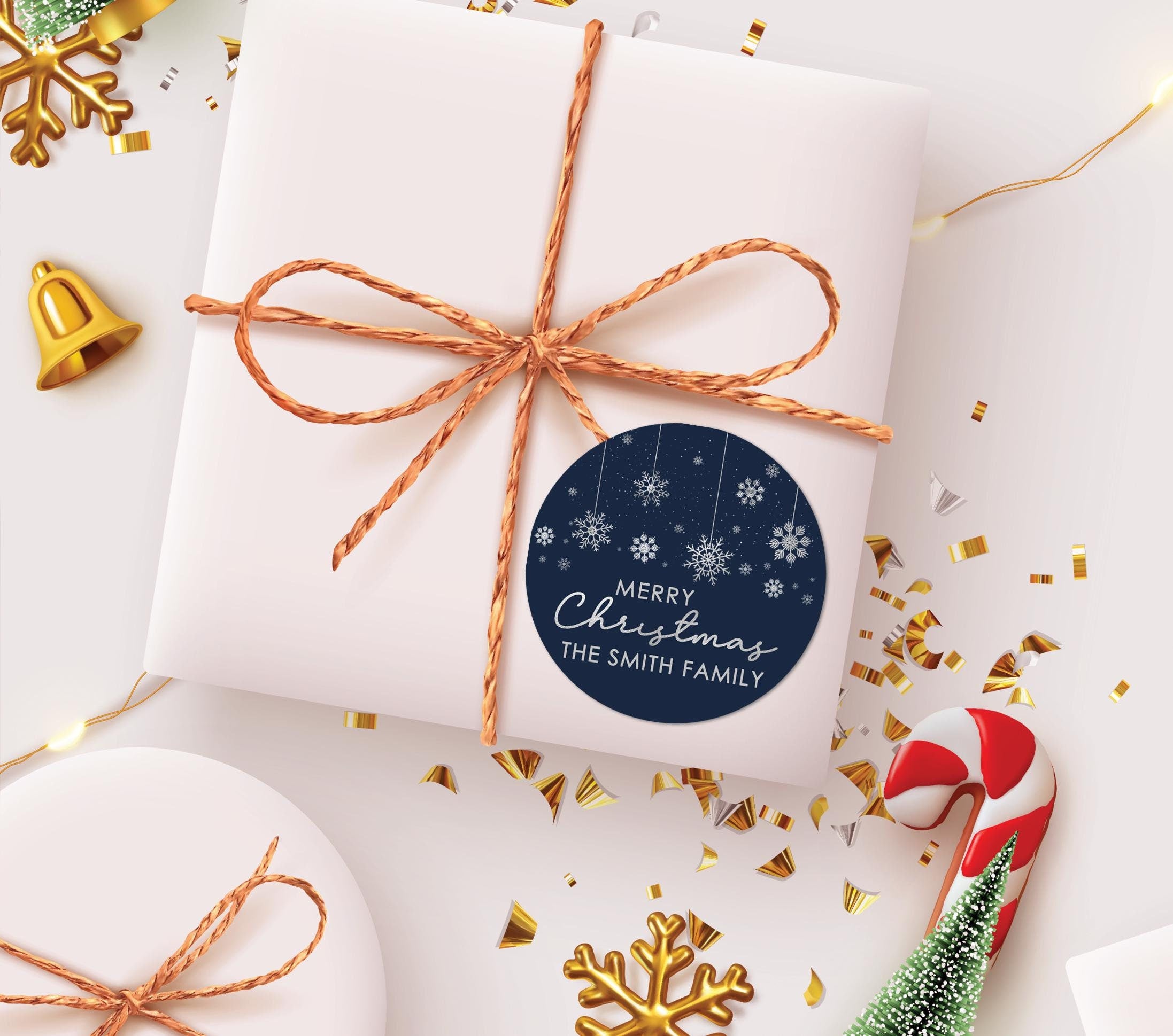 Christmas Stickers Silver Snowflakes Glitter Labels, Personalized Merry Christmas Labels, Happy Holiday Gift Label, Christmas Favor Stickers