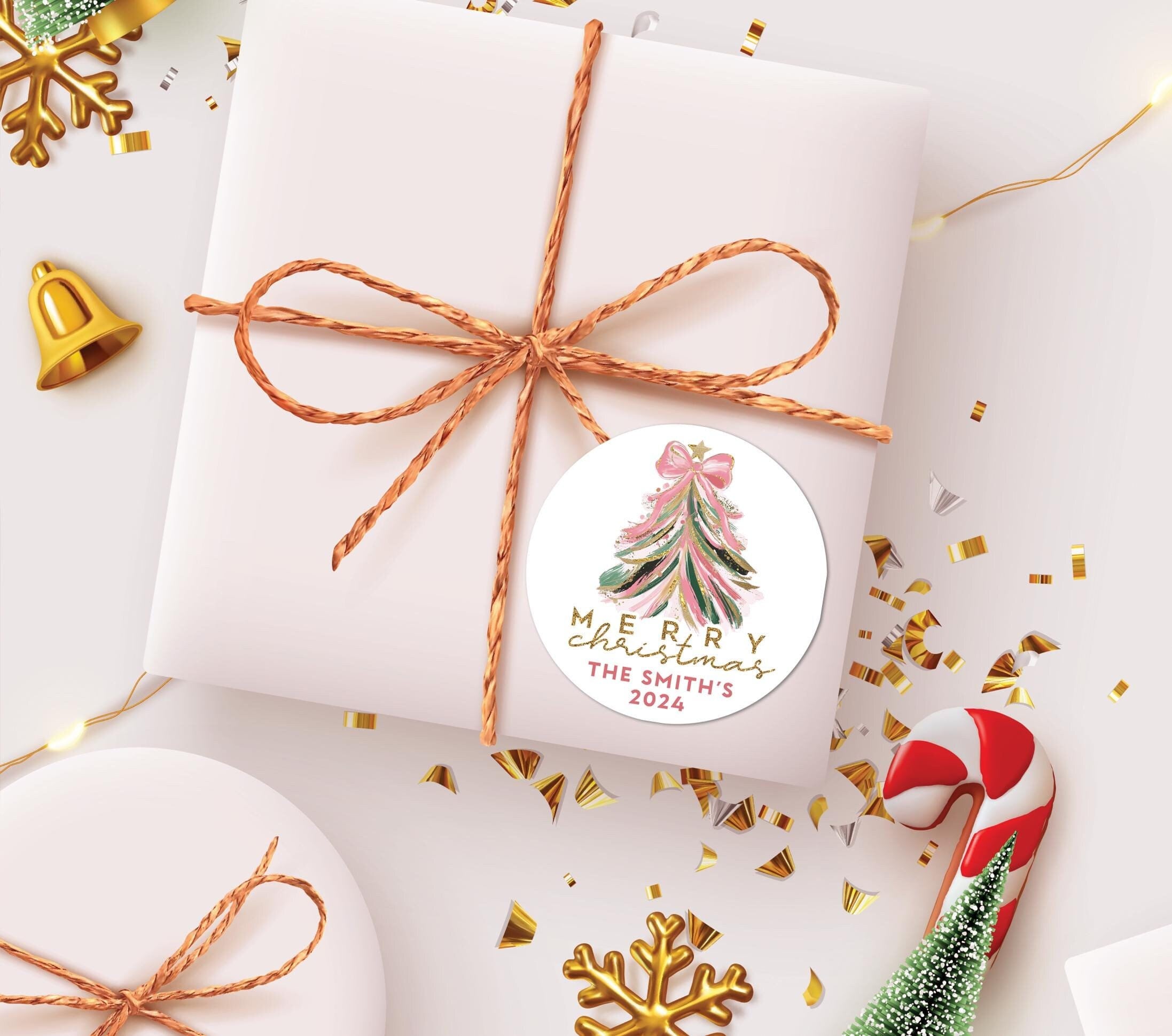 Pink Gold Christmas Tree Stickers, Personalized Holiday Wishes Labels, Happy Holiday Gift Label, Christmas Favor Stickers