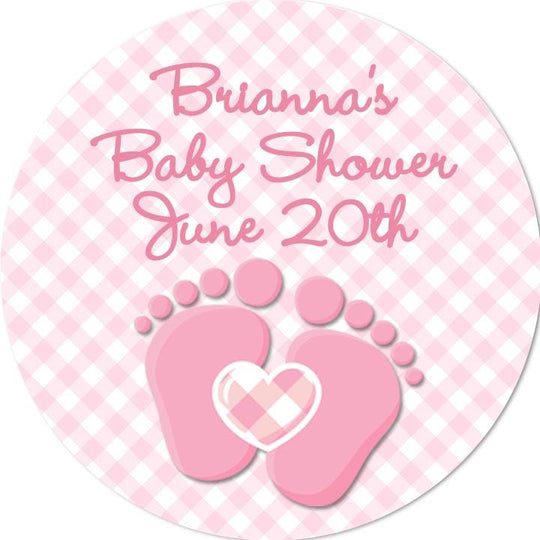 Oh Baby Pink Personalized Round Baby Shower Sticker Labels | Baby Feet Baby Shower Stickers | It's A Girl Sticker Label