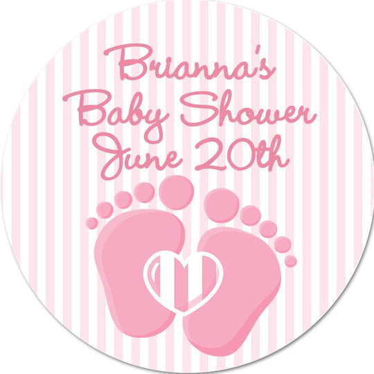 Oh Baby Pink Personalized Round Baby Shower Sticker Labels | Baby Feet Baby Shower Stickers | It's A Girl Sticker Label