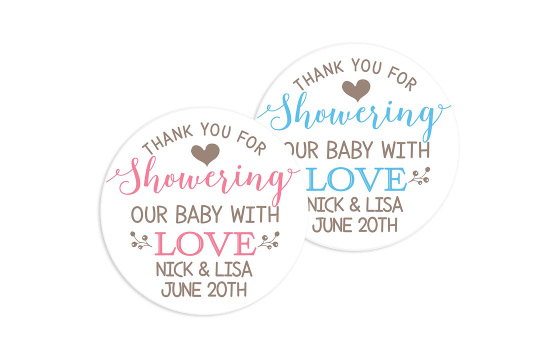 Thank You For Showering Our Baby With Love Personalized Round Baby Shower Sticker Labels -Showering Baby With Love Round Labels