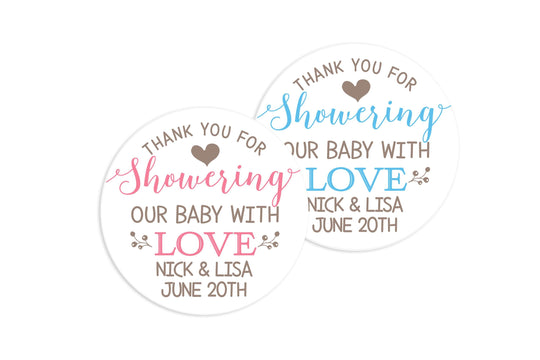 Thank You For Showering Our Baby With Love Personalized Round Baby Shower Sticker Labels -Showering Baby With Love Round Labels