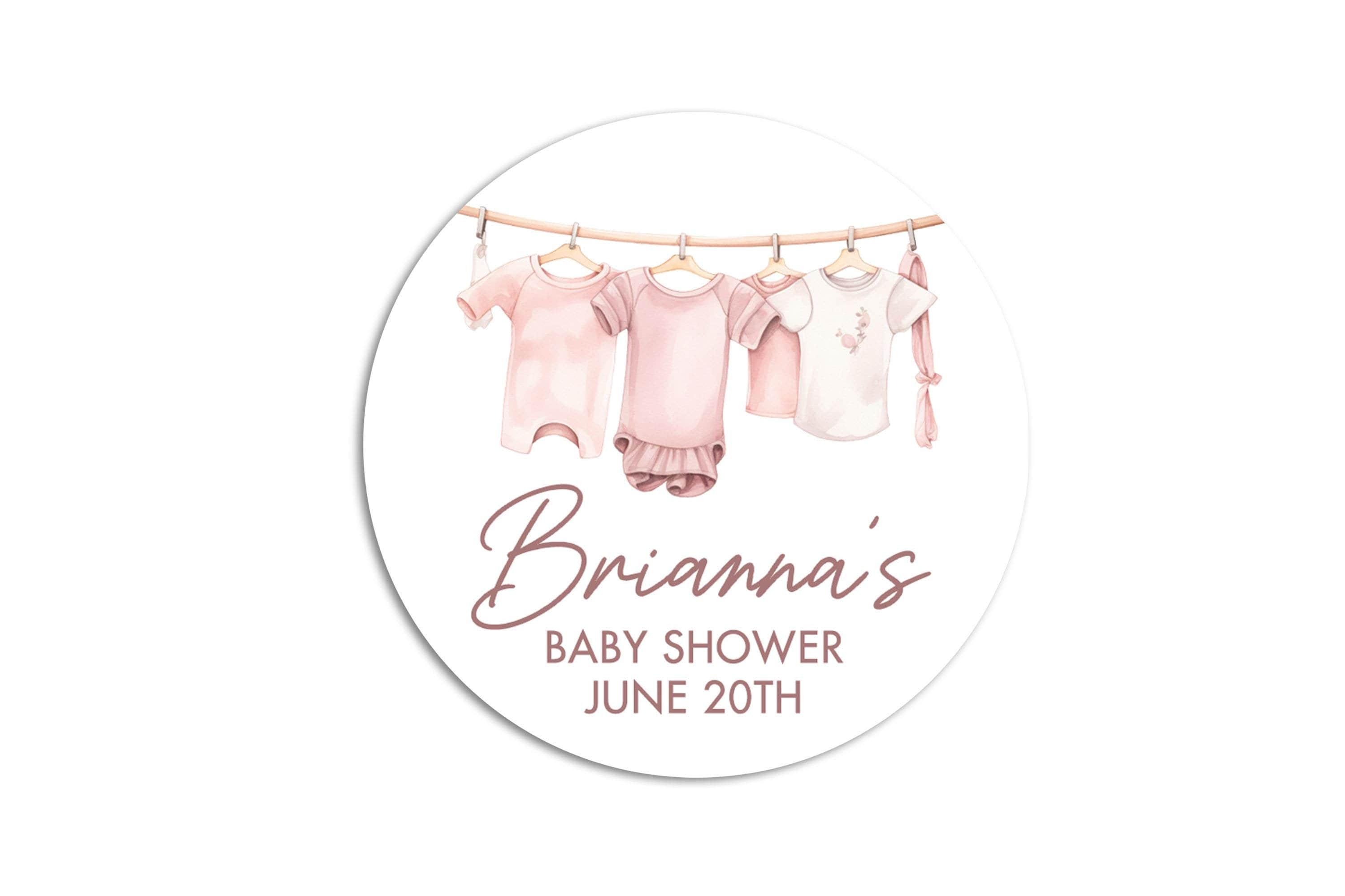 Baby Shower Clothesline Baby Girl, Personalized Printed Round Party Favor Thank You Stickers, Welcome Baby Girl Watercolors Labels