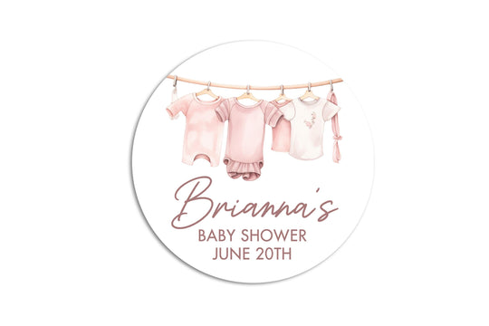 Baby Shower Clothesline Baby Girl, Personalized Printed Round Party Favor Thank You Stickers, Welcome Baby Girl Watercolors Labels
