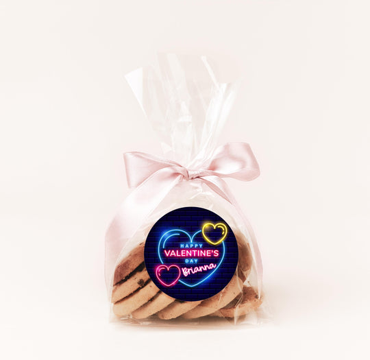 Valentines Day Neon Hearts Stickers, Personalized Valentine Round Labels, Classroom Valentines for School, Valentine Treat Bags