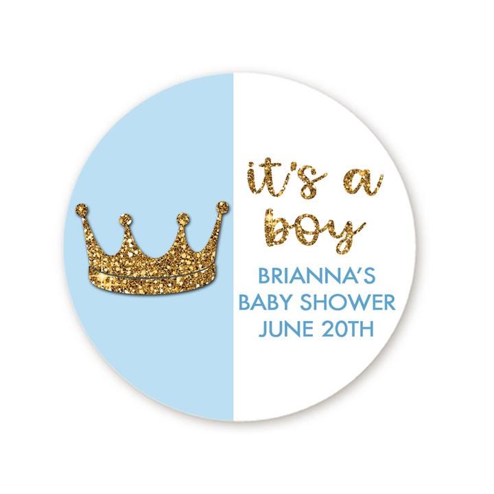 It's A Boy Baby Shower Sticker Favors, Personalized Baby Crown Favors Labels, Baby Shower Pacifier Gold Glitter Favor Ideas