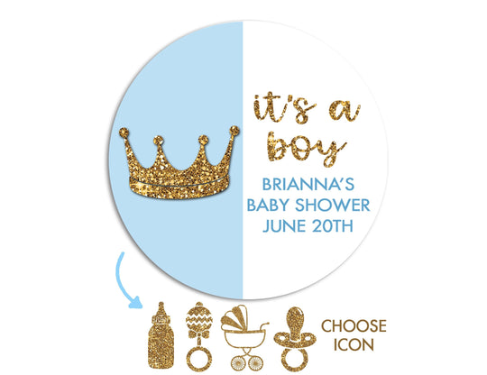 It's A Boy Baby Shower Sticker Favors, Personalized Baby Crown Favors Labels, Baby Shower Pacifier Gold Glitter Favor Ideas