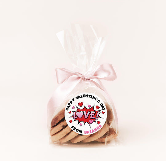 Valentines Day LOVE Comic Stickers, Personalized Valentine Round Labels, Classroom Valentines for School, Valentine Treat Bags