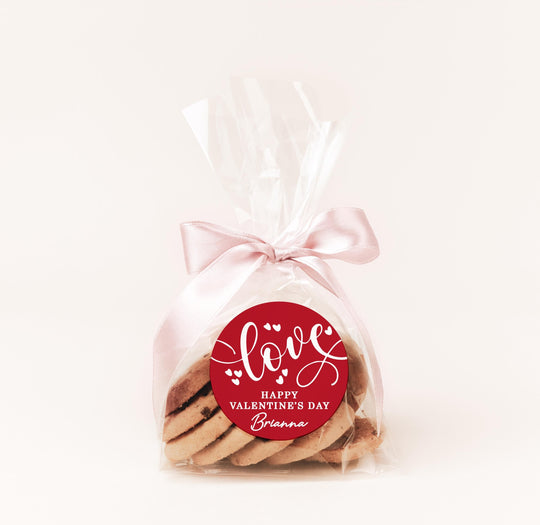 Valentines Day LOVE script Stickers, Personalized Valentine Round Labels, Classroom Valentines for School, Valentine Treat Bags
