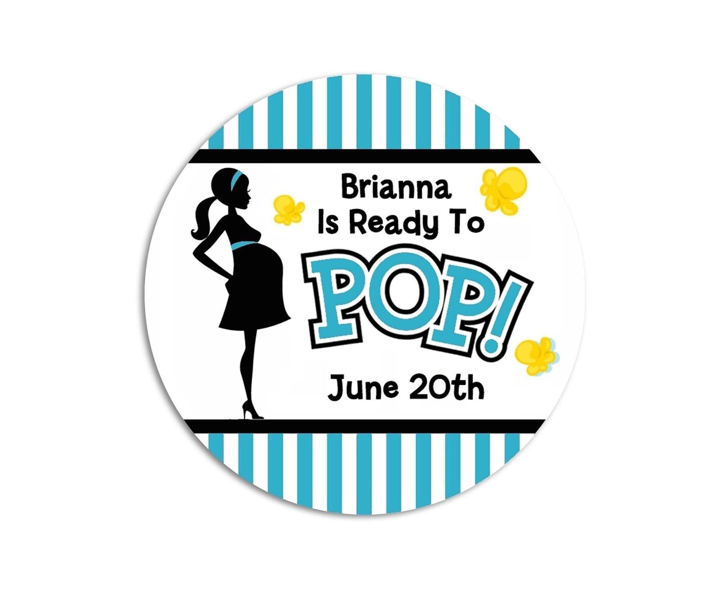 Ready to Pop Teal Popcorn Stickers for Baby Shower, Thank You Stickers Girl Baby Shower Favors, About To Pop Party, Round Stickers for Favor