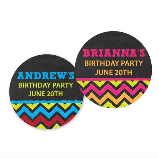 Chevron Chalk Birthday Party Favor Stickers, Happy Birthday Labels, Custom Birthday Party Favor Labels, Personalized Round Stickers