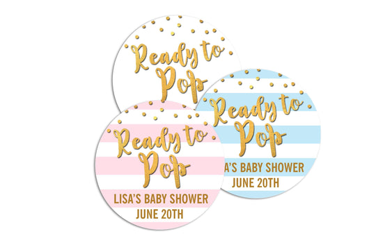Ready To Pop Popcorn Stickers for Baby Shower, Thank You Stickers Baby Gold Stripe Shower Favors, About To Pop Party, Round Sticker Favor