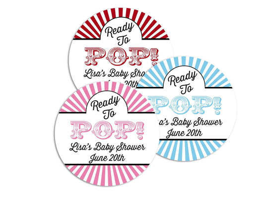 Ready To Pop Popcorn Stickers for Baby Shower, Thank You Stickers Baby Circus Stripes Shower Favors, About To Pop Party, Round Sticker Favor