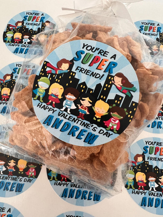 Superhero Valentines Day Stickers - Personalized Super Hero Kids Valentine Round Sticker Labels - Classroom Valentines for School