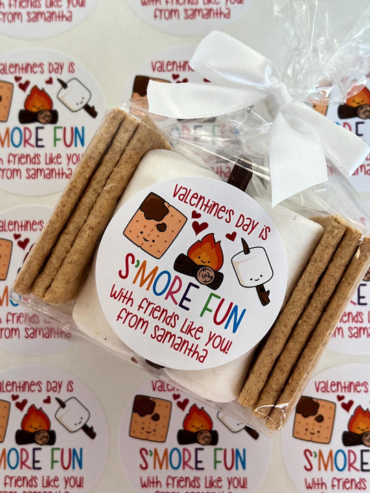 S'more Fun Valentines Day Stickers - Personalized Valentine Round Sticker Labels - Classroom Valentines for School