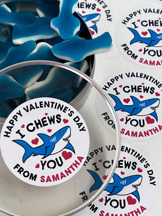 I Chew You Shark Valentines Day Stickers - Personalized Valentine Round Sticker Labels - Classroom Valentines for School