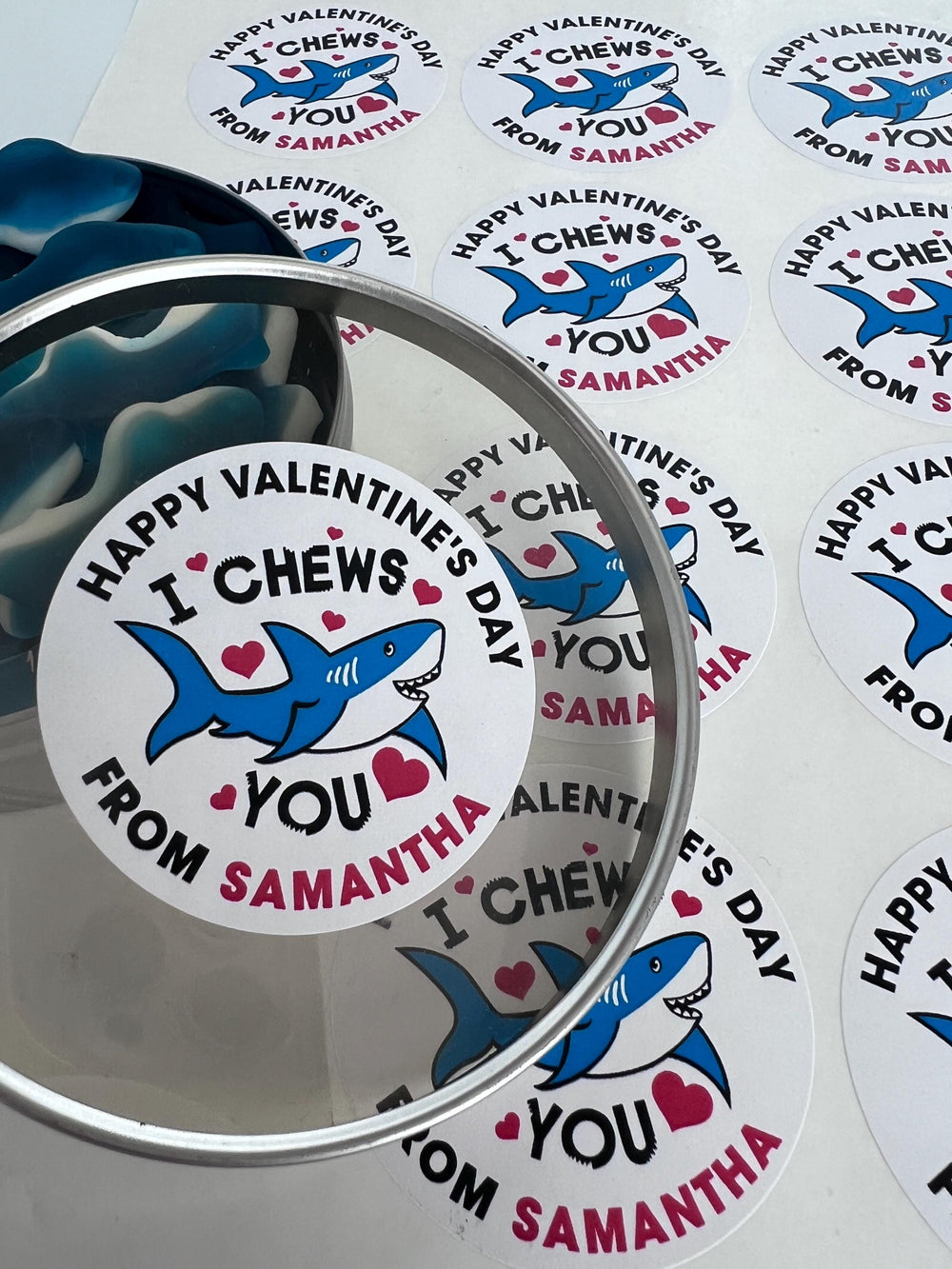 I Chew You Shark Valentines Day Stickers - Personalized Valentine Round Sticker Labels - Classroom Valentines for School