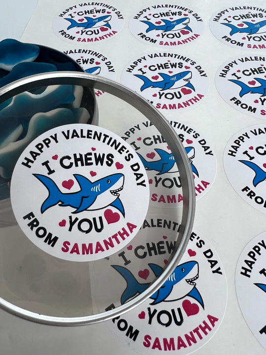 I Chew You Shark Valentines Day Stickers - Personalized Valentine Round Sticker Labels - Classroom Valentines for School