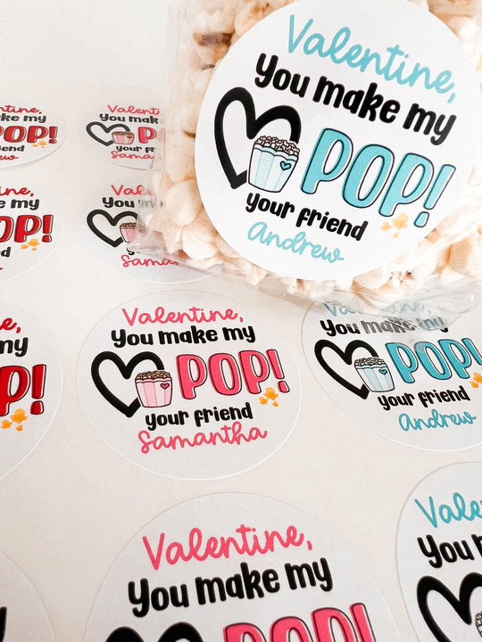 You Make My Heart Pop Valentines Day Stickers - Personalized Popcorn Blue Valentine Round Sticker Labels - Classroom Valentines for School