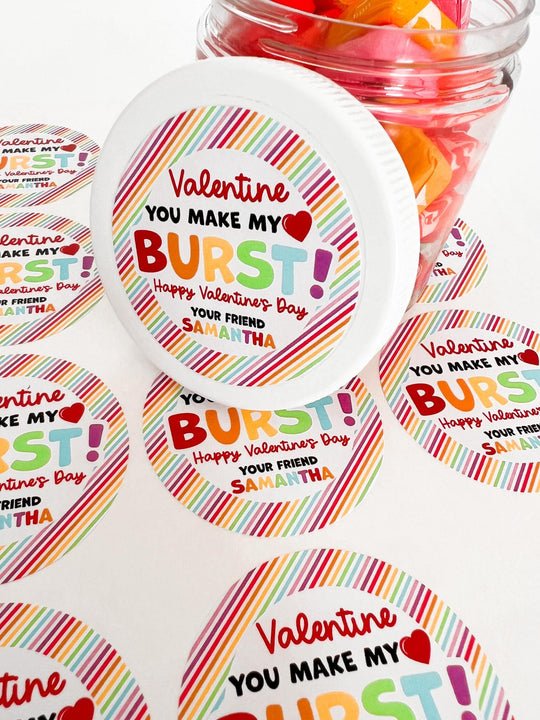 You Make My Heart Burst Valentines Day Stickers - Personalized Valentine Round Sticker Labels - Classroom Valentines for School