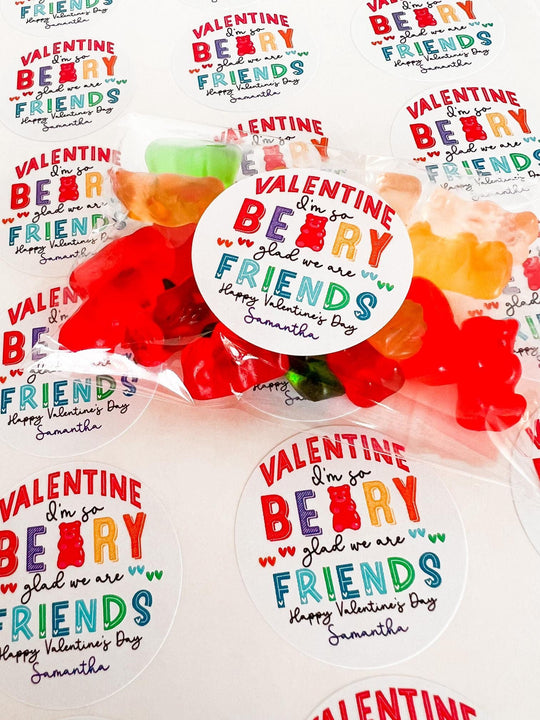 I'm Beary Glad We're Friends Valentines Day Stickers - Personalized Gummy Bear Valentine Sticker Labels - Classroom Valentines for School