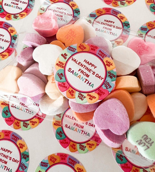 Candy Hearts Valentines Day Stickers - Personalized Valentine Round Sticker Labels - Classroom Valentines for School