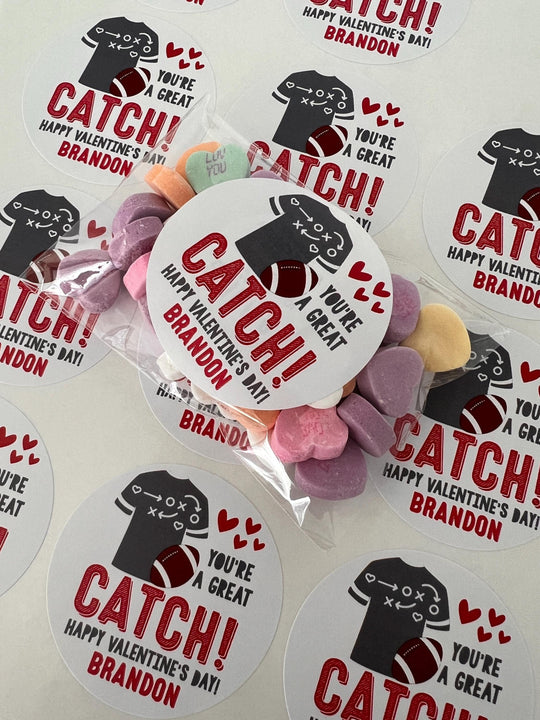 Football Valentines Day Stickers - Personalized You're A Great Catch Football Valentine Sticker Labels - Classroom Valentines for School