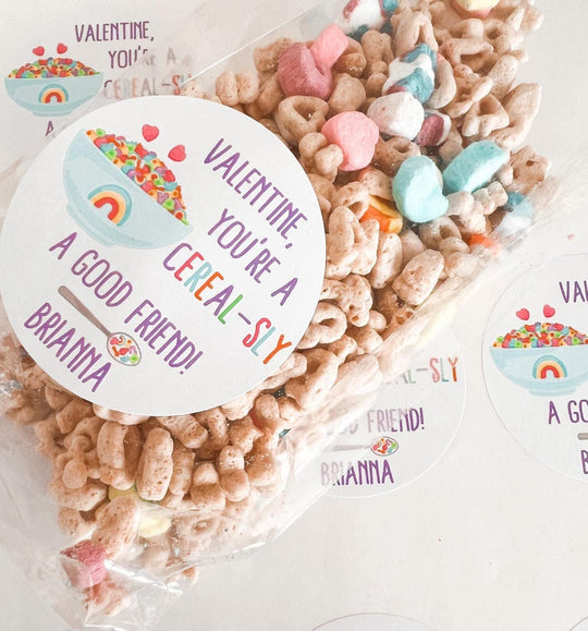 Cereal-sly Valentine Stickers - Cereal Valentine Labels - Happy Valentine's Day Personalized Stickers -