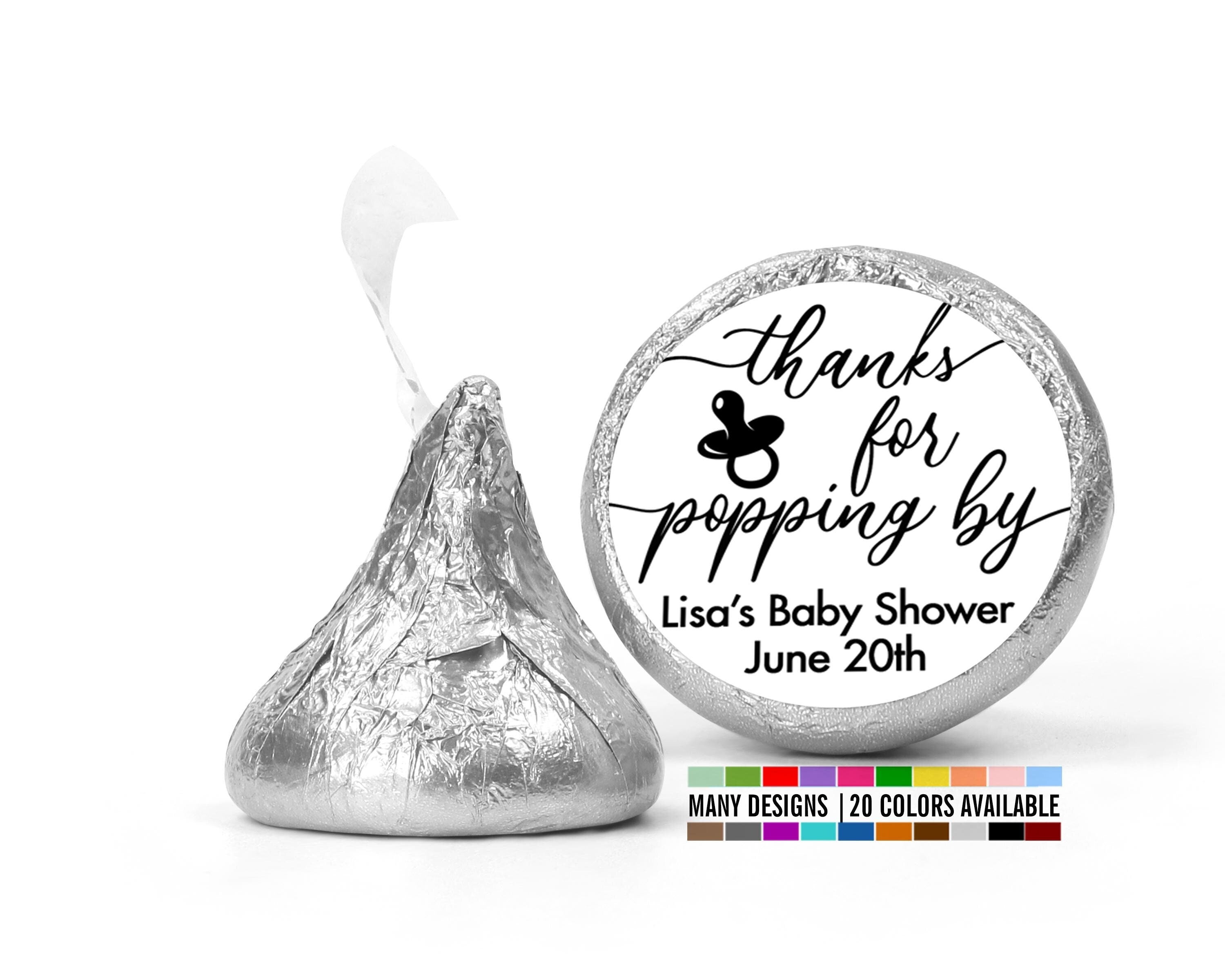 Thanks for Popping By Favor Stickers, Celebrating Baby Shower Stickers, Personalized Chocolate Kiss Label Favors, Candy Stickers Baby Shower