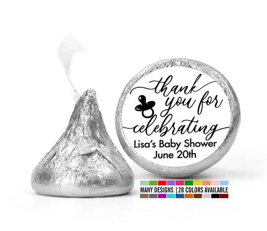 Thank You for Celebrating Favor Stickers, Pacifier Baby Shower Stickers, Personalized Chocolate Kiss Label Favors, Baby Shower Candy Sticker