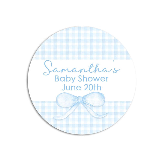 Blue Gingham Bow Baby Shower Sticker Favors, Personalized Baby Sprinkle Favors Labels, Baby Shower Custom Stickers, Its A Boy Baby Shower