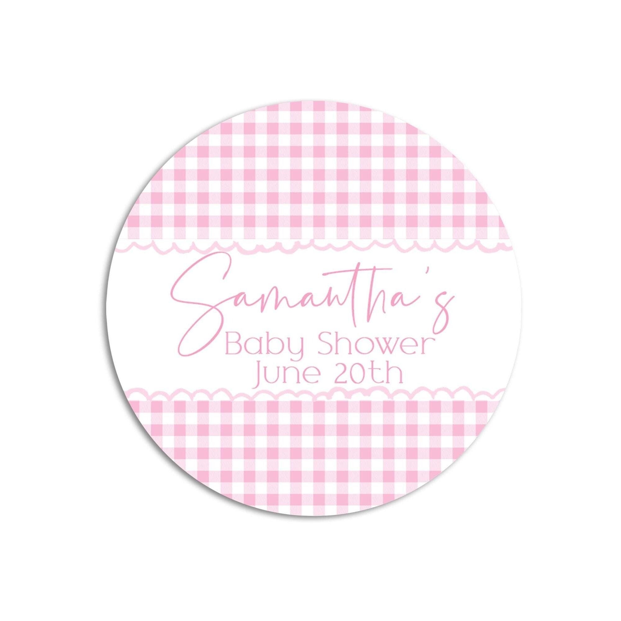 Pink Gingham Baby Girl Shower Stickers, Baby Pink Plaid Baby Shower Labels, Watercolor Round Stickers for Favors, Round Candy Labels
