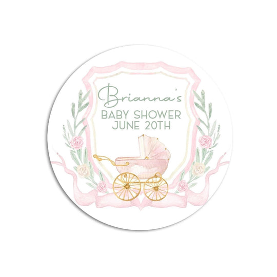 Carriage Pink Crest Baby Shower Favor Stickers, Watercolor Crest Girl Baby Shower Labels, Printed Baby Shower Thank You Stickers