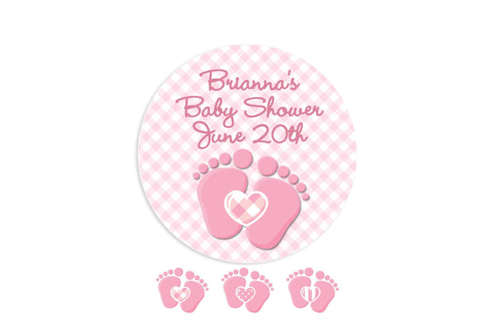 Oh Baby Pink Personalized Round Baby Shower Sticker Labels | Baby Feet Baby Shower Stickers | It's A Girl Sticker Label