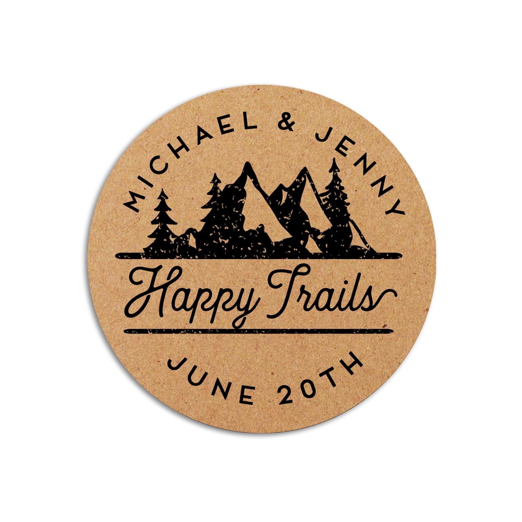 Happy Trails Bridal Shower Stickers, Happy Trails Labels, Rustic Wedding favor labels, Trail Mix Labels, Personalized Favor Stickers