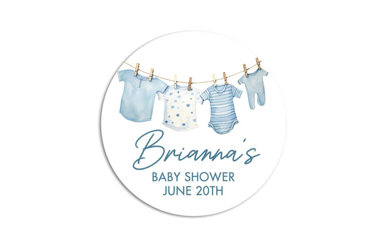 Baby Shower Clothesline Baby Boy, Personalized Printed Round Party Favor Thank You Stickers, Welcome Baby Boy Watercolors Labels