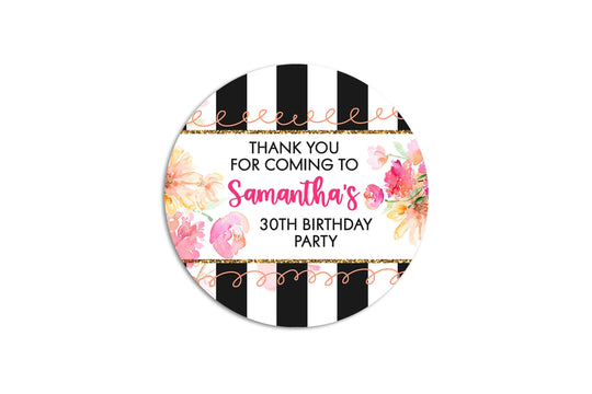 Black Gold Floral Custom Birthday Stickers, Personalized Floral Birthday Stickers, Birthday Party Stickers, Bridal Shower Party Bag Labels