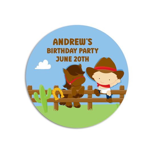 Little Cowboy Birthday Party Favor Stickers, Happy Birthday Labels, Custom Birthday Party Favor Labels, Round Stickers