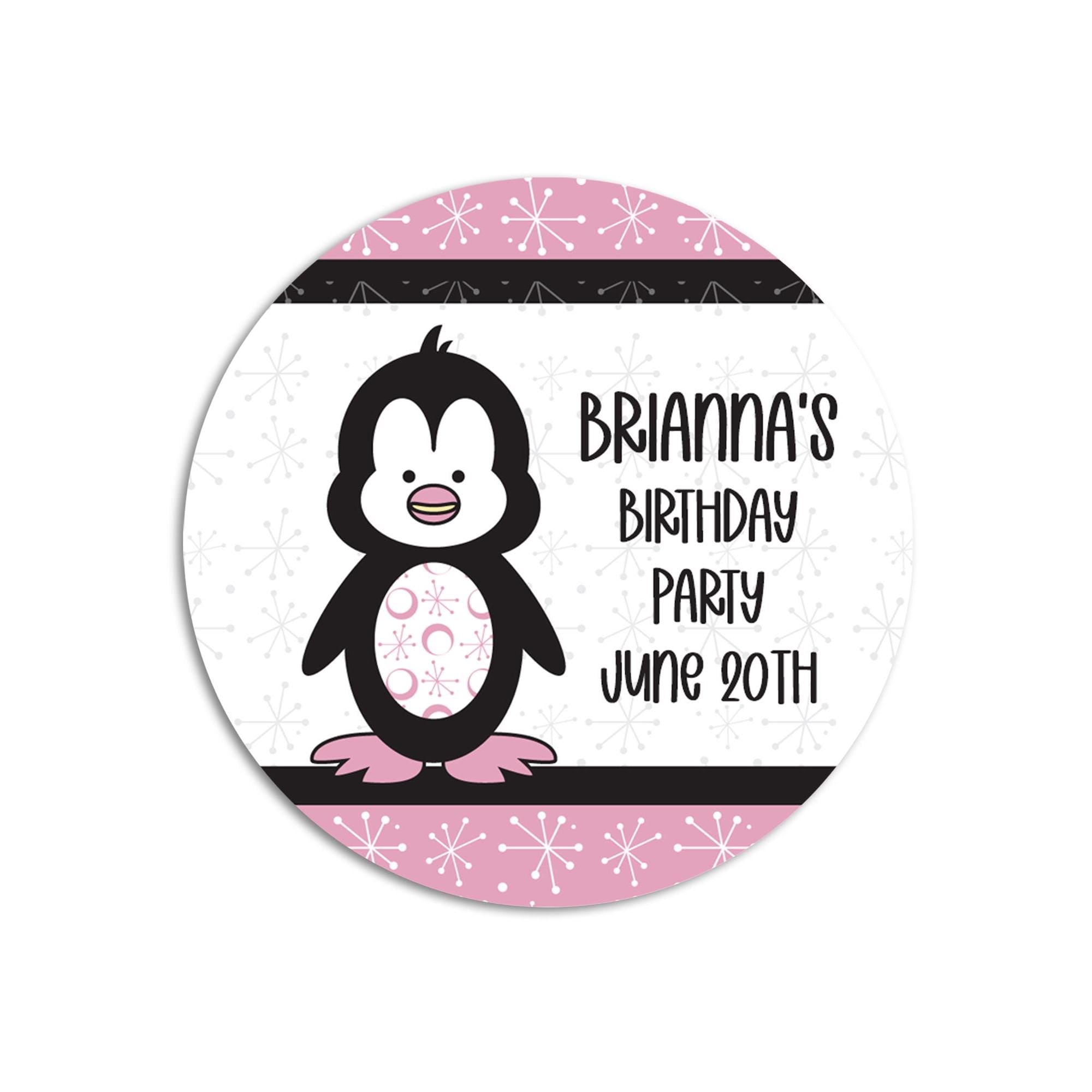 Penguin Birthday Party Favor Stickers, Happy Birthday Labels, Custom Birthday Party Favor Labels, Round Personalized Stickers