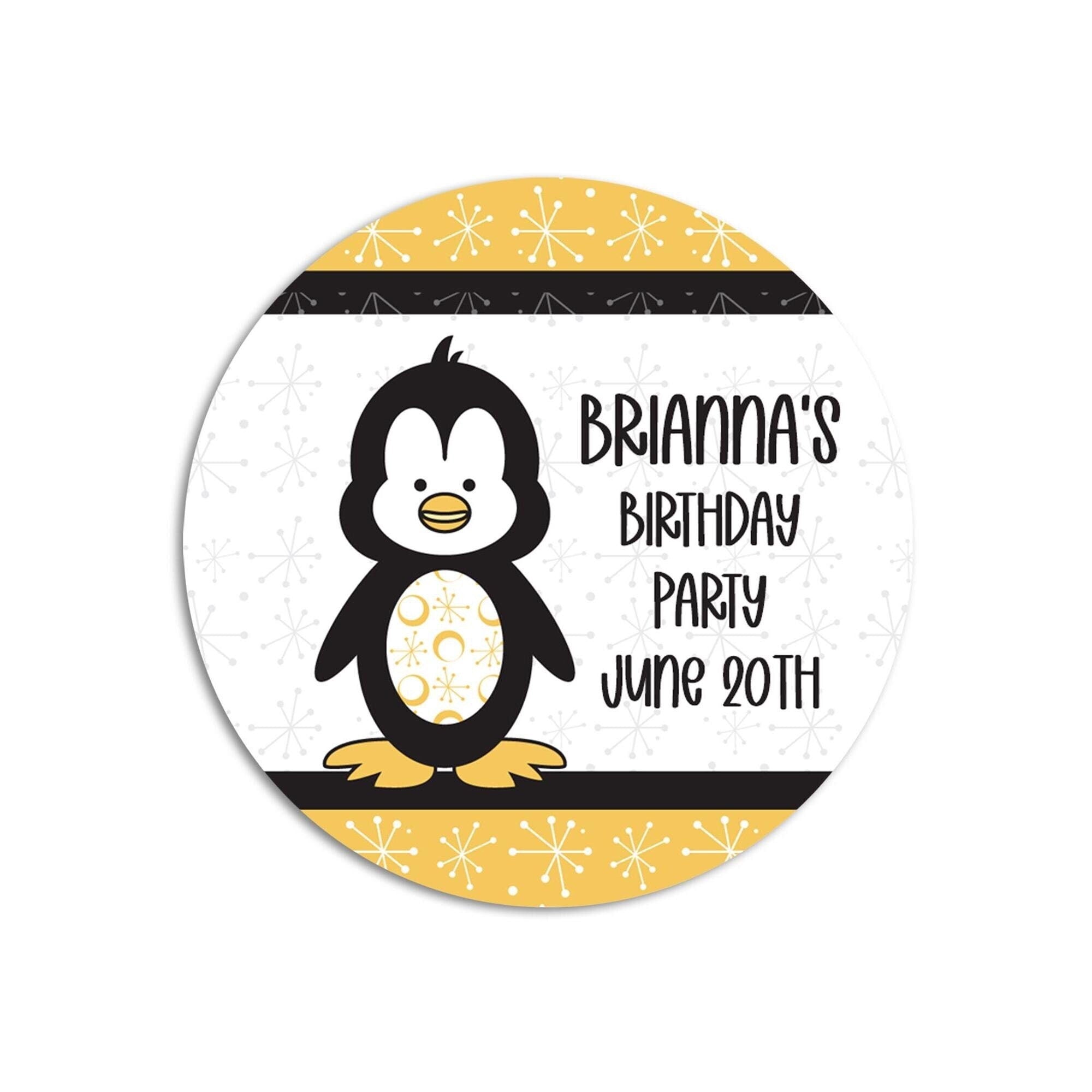 Penguin Birthday Party Favor Stickers, Happy Birthday Labels, Custom Birthday Party Favor Labels, Round Personalized Stickers