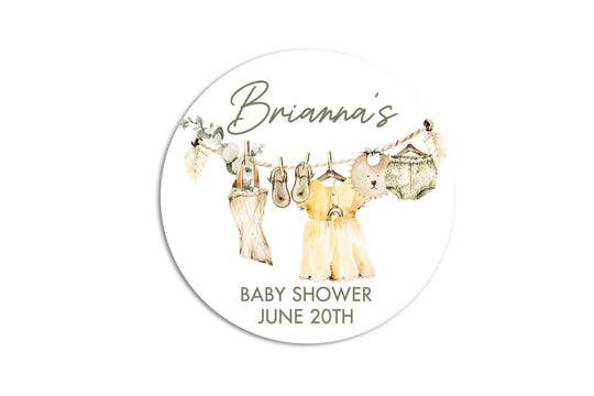 Baby Shower Clothesline Baby Neutral, Personalized Printed Round Party Favor Thank You Stickers, Welcome Baby Watercolors Labels