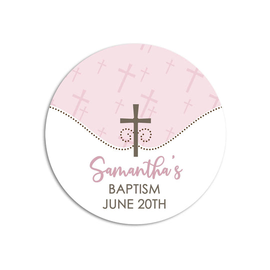 Cross Pink Baptism Stickers, Girl Baptism Favors, Religious Thank You for Coming Favors, Communion Stickers, and Christening Supplies