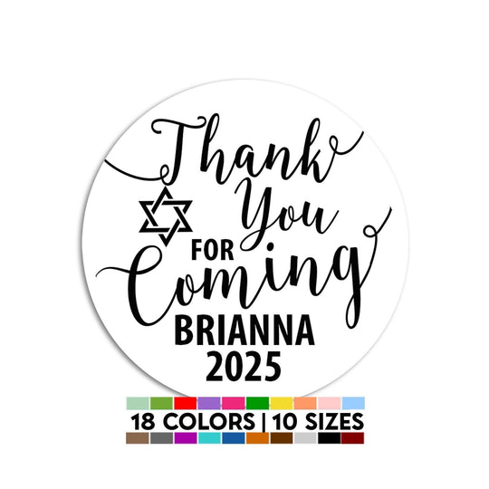 Thank You For Coming Stickers, Personalized Round Bar Mitzvah Sticker Labels, Jewish Star Stickers, Bat Mitzvah Sticker Label