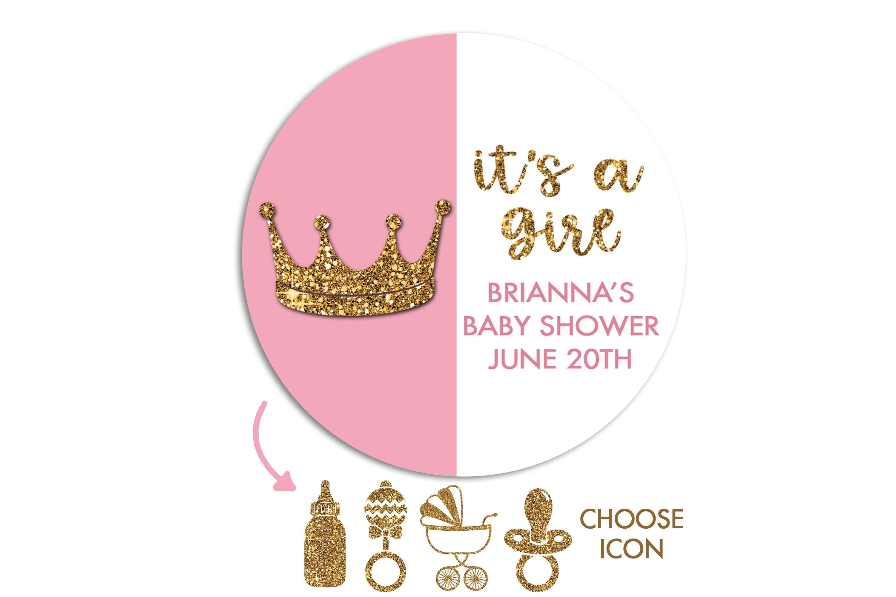 It's A Girl Baby Shower Sticker Favors, Personalized Baby Crown Favors Labels, Baby Shower Pacifier Gold Glitter Favor Ideas
